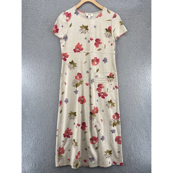 Talbots Dress Womens 2 Beige Multi Floral Linen Maxi Shift Short Sleeve Vintage - Picture 1 of 10